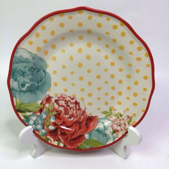 Pioneer Woman BLOSSOM JUBILEE 8.5” Salad Plate Red Polka Dot - Picture 1 of 3